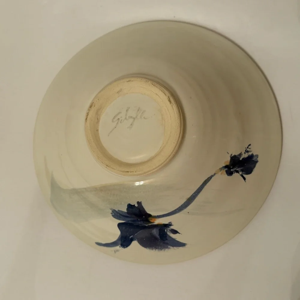 BOWL ASIAN STYLE TRANQUILITY FLORAL WHITE BLUE POTTERY SIGNED HANDMADE